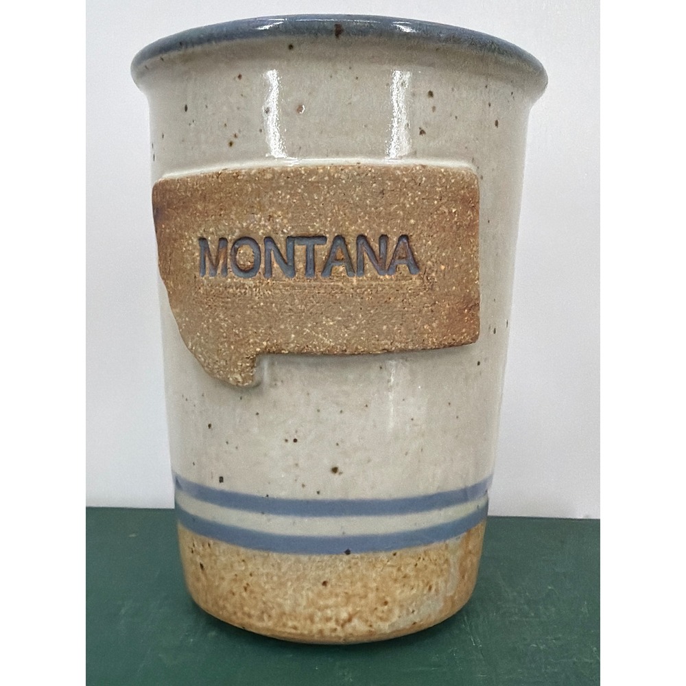 Montana State Silhouette Stoneware Pottery Mug Speckled Beige Blue Striped
